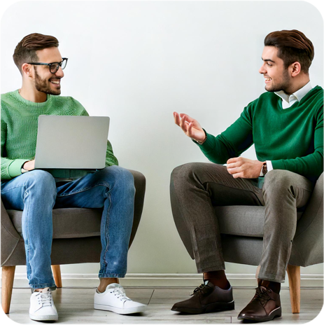 Personas conversando con laptop